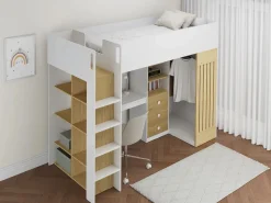 Cama alta 90 x 190 cm con escritorio y armario en color blanco y natural - LORINTI^Vente-unique Outlet