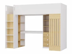 Cama alta 90 x 190 cm con escritorio y armario en color blanco y natural - LORINTI^Vente-unique Outlet