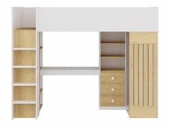 Cama alta 90 x 190 cm con escritorio y armario en color blanco y natural - LORINTI^Vente-unique Outlet