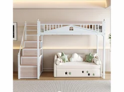 Cama alta 90 x 200 cm con espacio de almacenamiento - Metal + Contrachapado + MDF - Somier de láminas -^Merax