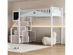 Cama alta 90 x 200 cm con espacio de almacenamiento - Metal + Contrachapado + MDF - Somier de láminas -^Merax