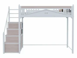 Cama alta 90 x 200 cm con espacio de almacenamiento - Metal + Contrachapado + MDF - Somier de láminas -^Merax