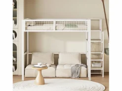 Hauss Spole Cama Alta|Cama alta 140 x 200 cm con estante y armario - Cama infantil de metal y madera - y madera clara