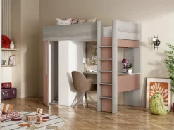 Cama alta armario y escritorio en 90 x 200 cm con colchón Gris blanco y rosa. NICOLAS^Vente-unique Best