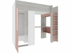 Cama alta armario y escritorio en 90 x 200 cm con colchón Gris blanco y rosa. NICOLAS^Vente-unique Best