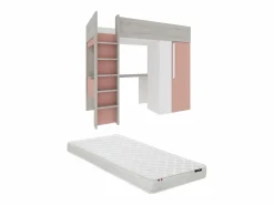 Cama alta armario y escritorio en 90 x 200 cm con colchón Gris blanco y rosa. NICOLAS^Vente-unique Best