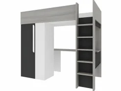 Cama alta armario y escritorio en 90 x 200 cm con colchón Gris blanco y negro NICOLAS II^Vente-unique New