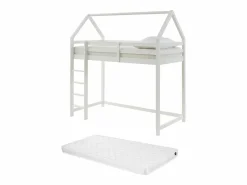Vente-unique Cama alta cabaña 90 x 190 cm de madera de pino con colchón - TARZIA Blanco Clearance
