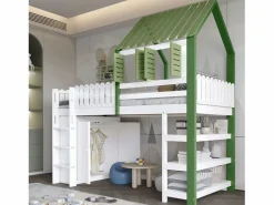 Cama alta, cama infantil cabina 90x200cm con escalera, armario y estantes de almacenamiento, somier de láminas, sin colchón, color blanco y^Hauss Spole Discount