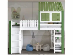 Cama alta, cama infantil cabina 90x200cm con escalera, armario y estantes de almacenamiento, somier de láminas, sin colchón, color blanco y^Hauss Spole Discount