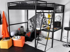 Vente-unique Cama alta CASUALII para 2 personas con escritorio, color negro y colchón Gris antracita Outlet