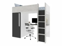 Vente-unique Cama alta con armario y escritorio de 90 x 200 cm natural y antracita - NICOLAS Gris antracita / Color natural claro