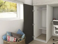 Vente-unique Cama alta con armario y escritorio de 90 x 200 cm natural y antracita - NICOLAS Gris antracita / Color natural claro
