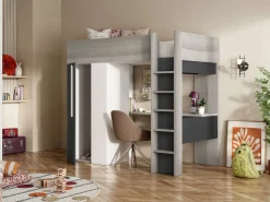 Vente-unique Cama Alta|Cama alta con armario y escritorio en 90 x 200 cm - Gris blanco y negro. NICOLAS