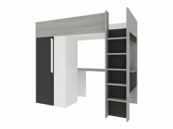 Vente-unique Cama Alta|Cama alta con armario y escritorio en 90 x 200 cm - Gris blanco y negro. NICOLAS