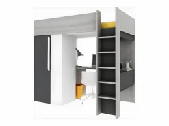 Vente-unique Cama Alta|Cama alta con armario y escritorio en 90 x 200 cm - Gris blanco y negro. NICOLAS