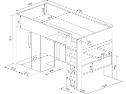 Vente-unique Cama Alta|Cama alta con armario y escritorio en 90 x 200 cm - Gris blanco y negro. NICOLAS