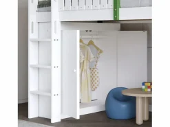Cama alta con armario y estante, 90 x 200 cm, cama infantil con somier, color Blanco