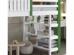 Cama alta con armario y estante, 90 x 200 cm, cama infantil con somier, color Blanco