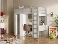 Cama alta con armario y escritorio, 90 x 200 cm, gris natural y blanco - NICOLAS^Vente-unique Online