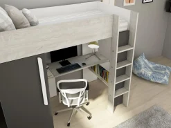Vente-unique Cama alta con armario y escritorio 90 x 200 cm natural y antracito + colchón - NICOLAS Gris antracita / Color natural claro Online