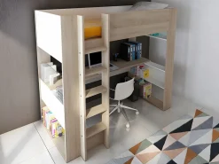 Cama alta con escritorio y almacenaje, 90 x 200 cm, roble y blanco, con colchón NOAH^Vente-unique Online