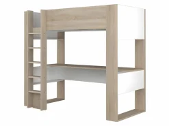 Cama alta con escritorio y almacenaje, 90 x 200 cm, roble y blanco, con colchón NOAH^Vente-unique Online