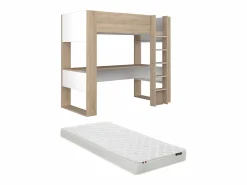 Cama alta con escritorio y almacenaje, 90 x 200 cm, roble y blanco, con colchón NOAH^Vente-unique Online