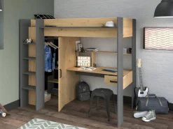 Cama alta con escritorio y armario 90 x 200 cm natural y antracita. AUCKLAND^Vente-unique Sale