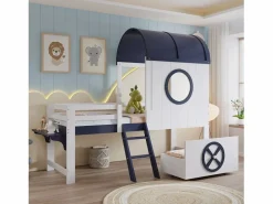 Cama alta de 90 x 200 cm - Cama infantil con escalera y cajones - Blanca y azul oscuro - Sin colchón Blanco Online