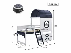 Cama alta de 90 x 200 cm - Cama infantil con escalera y cajones - Blanca y azul oscuro - Sin colchón Blanco Online
