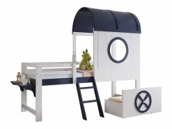 Cama alta de 90 x 200 cm - Cama infantil con escalera y cajones - Blanca y azul oscuro - Sin colchón Blanco Online