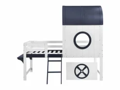 Cama alta de 90 x 200 cm - Cama infantil con escalera y cajones - Blanca y azul oscuro - Sin colchón Blanco Online