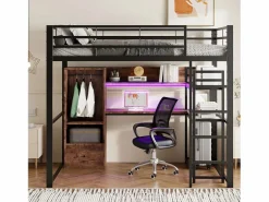 Cama alta de 140 x 200 cm - Cama juvenil con armario y escritorio - Negra - Sin colchón Negro Hot