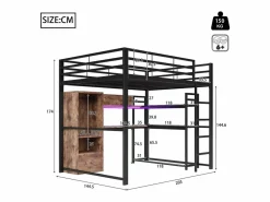 Cama alta de 140 x 200 cm - Cama juvenil con armario y escritorio - Negra - Sin colchón Negro Hot