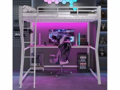 Cama Alta|Cama alta de 140 x 200 cm - Cama para adultos con iluminación LED y USB, escritorio - - colchón no incluido