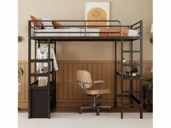 OKWISH Cama alta de 90 x 200 cm - Cama para adultos con puertos USB - Negra - Con escritorio - Sin colchón Negro Best