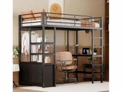 OKWISH Cama alta de 90 x 200 cm - Cama para adultos con puertos USB - Negra - Con escritorio - Sin colchón Negro Best