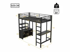 OKWISH Cama alta de 90 x 200 cm - Cama para adultos con puertos USB - Negra - Con escritorio - Sin colchón Negro Best