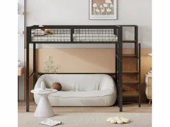 Cama alta de 140 x 200 cm - con estantes y somier - metal - colchón no incluido Negro Sale