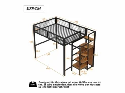 Cama alta de 140 x 200 cm - con estantes y somier - metal - colchón no incluido Negro Sale