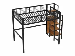 Cama alta de 140 x 200 cm - con estantes y somier - metal - colchón no incluido Negro Sale