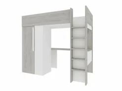 Vente-unique Cama Alta|Cama Infantil|Cama alta de 90 x 200 cm con armario y escritorio en gris natural y blanco + colchón - NICOLAS