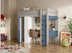 Cama alta de 90 x 200 cm con armario y escritorio, azul y blanco - NICOLAS^Vente-unique Clearance