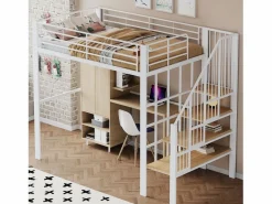 Merax Cama alta de 140 x 200 cm con escalera grande - Metal + Contrachapado + MDF - Somier de láminas - Blanco Discount