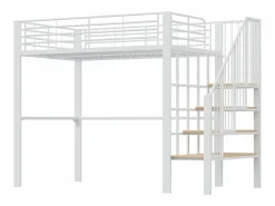 Merax Cama alta de 140 x 200 cm con escalera grande - Metal + Contrachapado + MDF - Somier de láminas - Blanco Discount