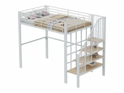 Merax Cama alta de 140 x 200 cm con escalera grande - Metal + Contrachapado + MDF - Somier de láminas - Blanco Discount