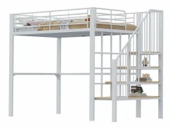 Merax Cama alta de 140 x 200 cm con escalera grande - Metal + Contrachapado + MDF - Somier de láminas - Blanco Discount