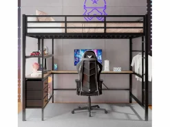 Hauss Spole Cama alta de 140 x 200 cm con iluminación LED, escritorio, toma de corriente y 3 cajones - Cama infantil de metal y madera - Color Negro Sale