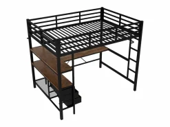 Hauss Spole Cama alta de 140 x 200 cm con iluminación LED, escritorio, toma de corriente y 3 cajones - Cama infantil de metal y madera - Color Negro Sale